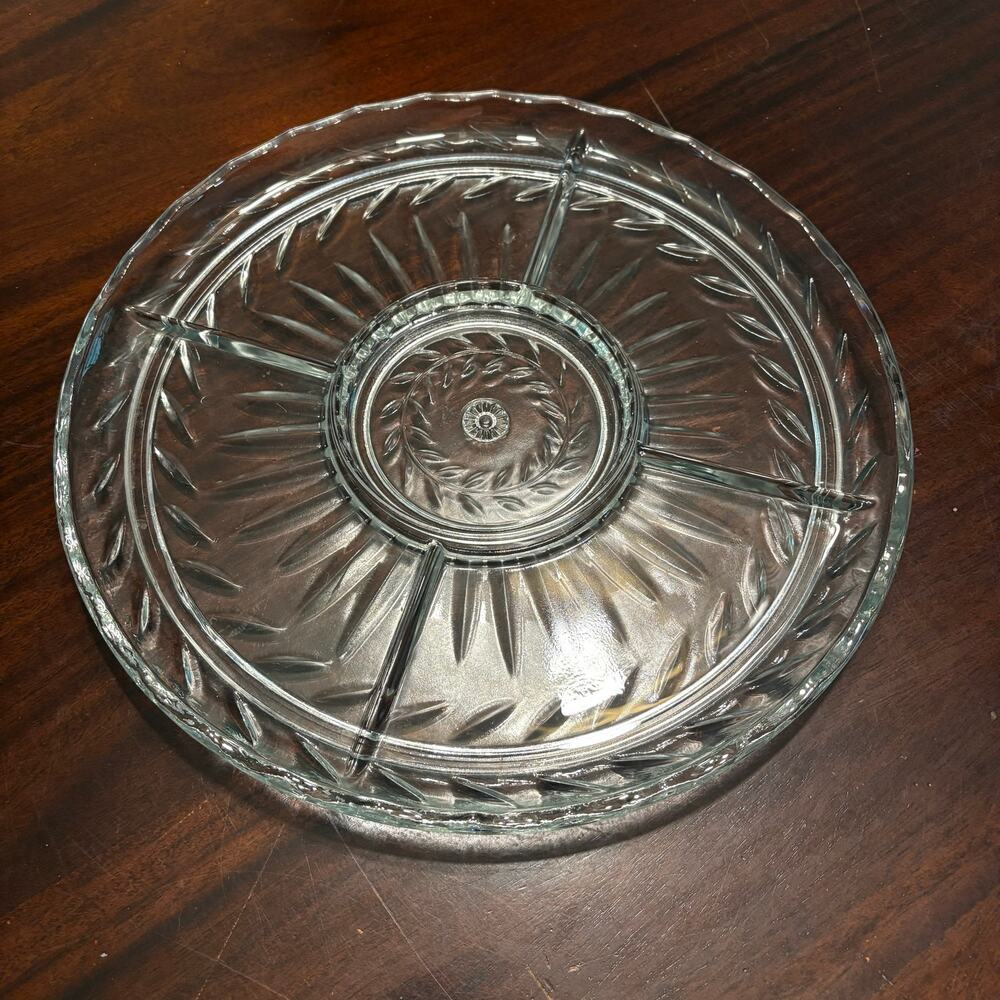 Vintage Indiana Glass Clear Laurel Leaf Divided Relish Server Snack Platter